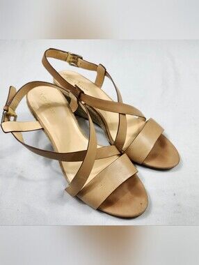 Cole Haan Womens 8.5 B Tan Leather Cross-Strap Wedge Yarn Sandals